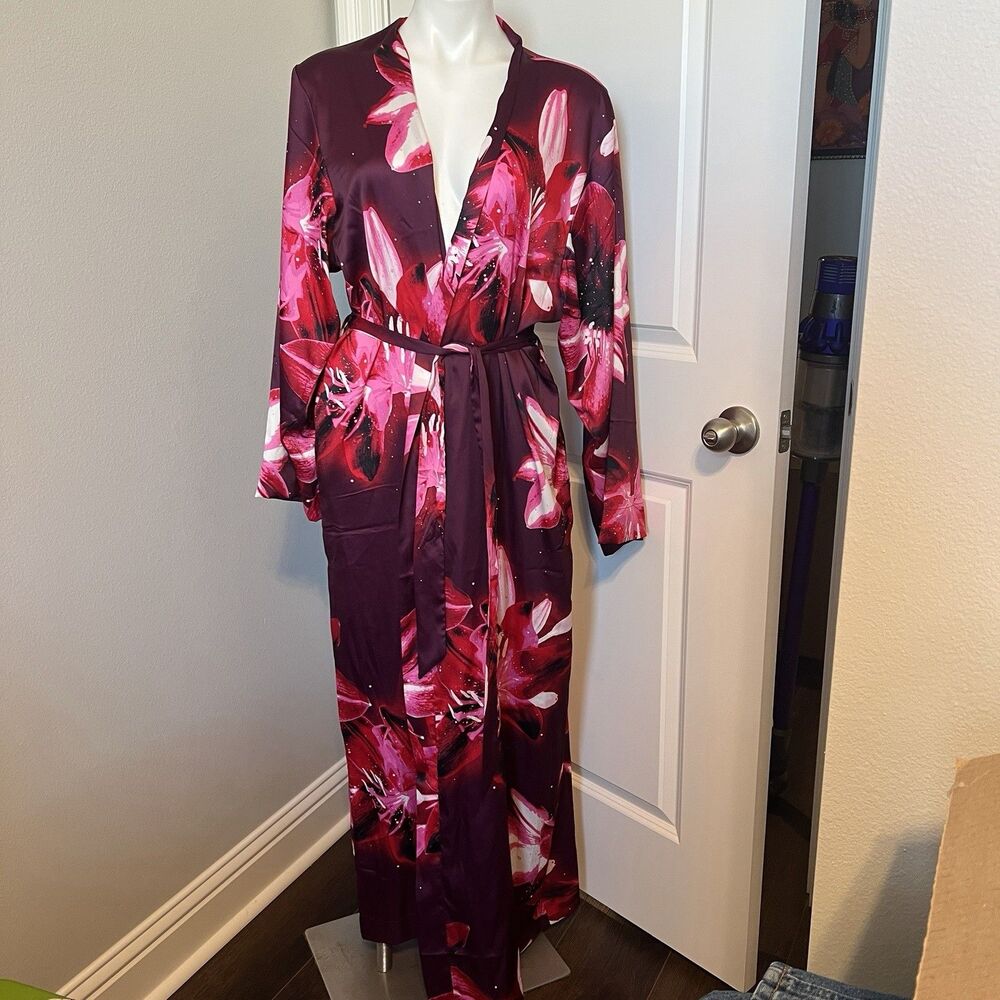 Victoria's Secret Satin Long Robe L Maroon Pink Lily Floral Embroidered Logo VS